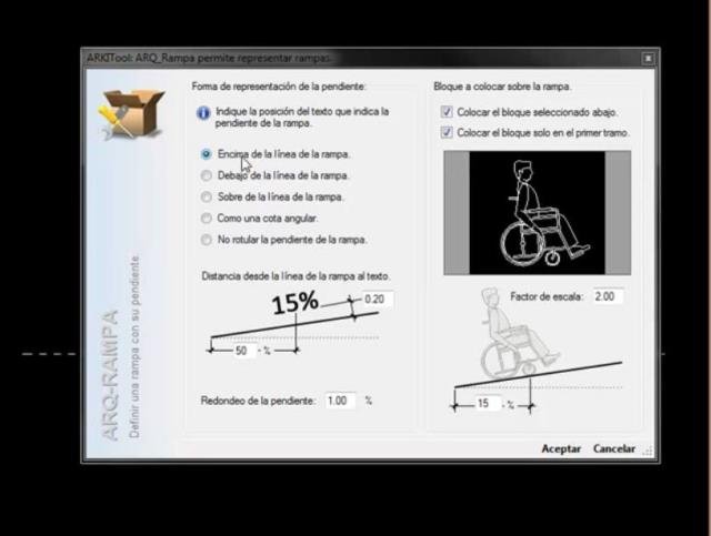 Permite crear todo tipo de rampas de acceso en un proyecto de arquitectura. Se puede configurar el programa que que redondee la pendiente de la rampa, para que coloque un bloque, etc.
