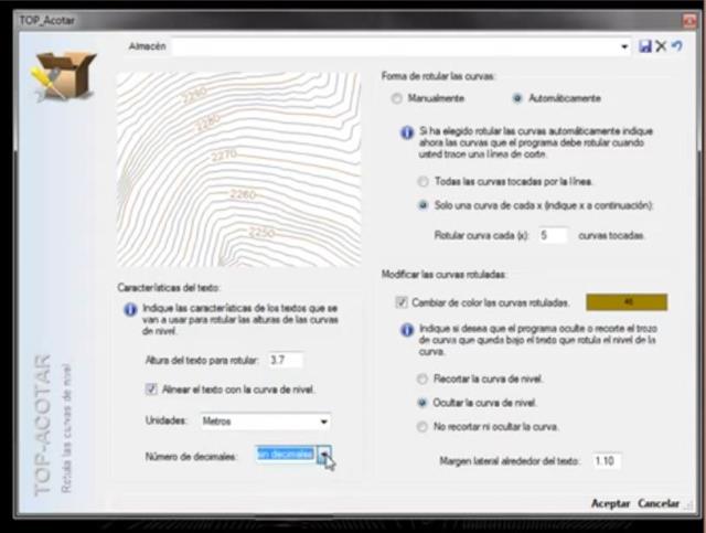 Este comando permite acotar las alturas de las curvas de nivel de forma manual o automática. Se puede configurar tanto el aspecto del rotulo como la forma en como este rotulo se coloca sobre las curvas de nivel.