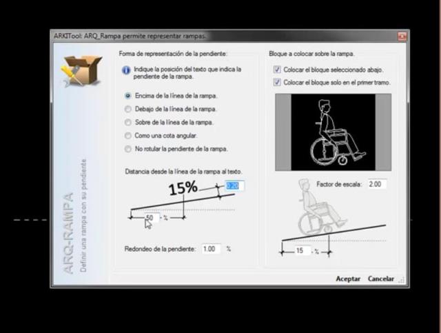 Permite crear todo tipo de rampas de acceso en un proyecto de arquitectura. Se puede configurar el programa que que redondee la pendiente de la rampa, para que coloque un bloque, etc.