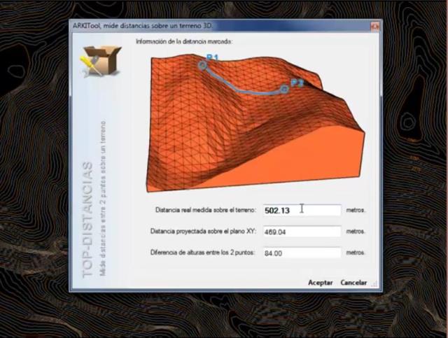 Mide una distancia real entre 2 puntos proyectados sobre un terreno en 3D.