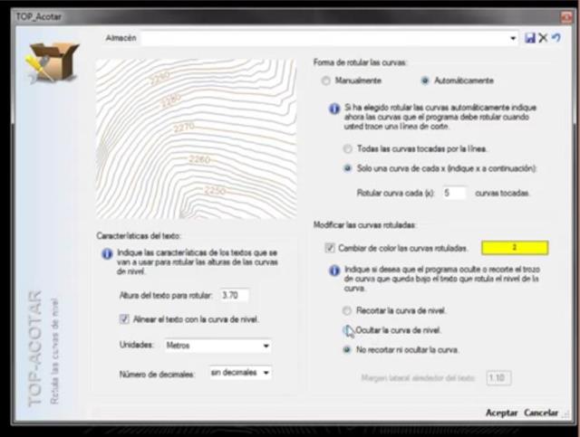 Este comando permite acotar las alturas de las curvas de nivel de forma manual o automática. Se puede configurar tanto el aspecto del rotulo como la forma en como este rotulo se coloca sobre las curvas de nivel.