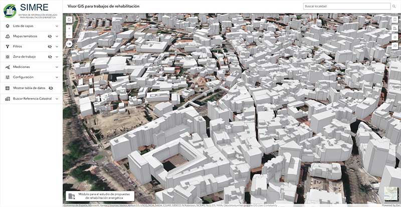 Vista general del visor SIMRE con el modelo 3D del parque edificado