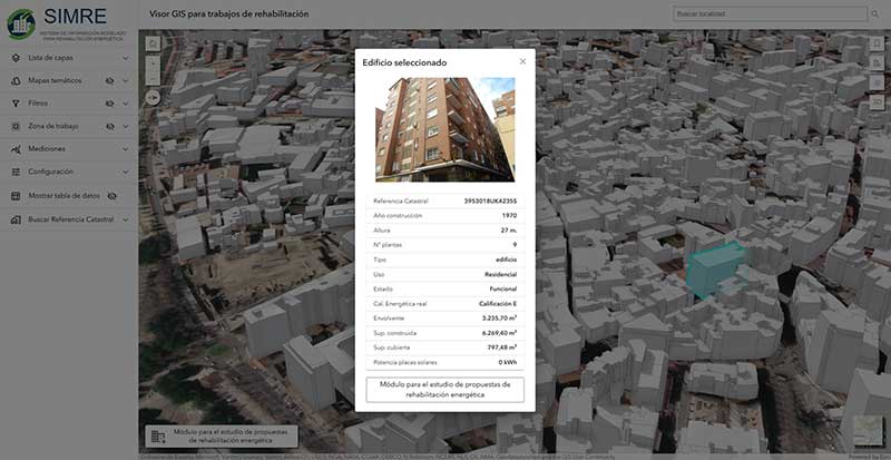 Selección de un edificio con sus datos catastrales en el visor SIMRE